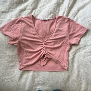 Pink Ruched V-Neck Crop Top